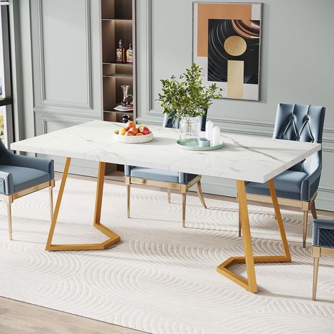 Tribesigns Table de salle à manger moderne dorée : table de salle à manger blanche de 140 cm avec pieds en métal doré, petite table de cuisine en imitation marbre pour 6 personnes, table de salle à (1/4)