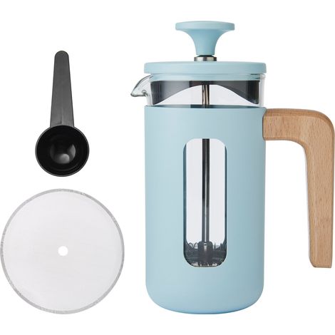 La Cafetière Pisa, blu cielo, stantuffo e telaio resistenti de acciaio inox, capacità 3 tazze, pressa francese resistente al calore, manico elegante de legno naturale, 350 ml