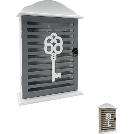 Cassetta portachiavi in legno da parete con anta traforata - Misura 19x6x28 cm - Organizer chiavi per la casa - Colore Grigio (1/5)