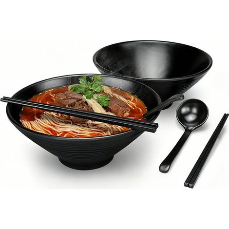 Set de 2 grands bols à ramen japonais en mélamine 1000 ml, légers et résistants, avec baguettes et cuillères, compatibles lave-vaisselle, noir (1/5)