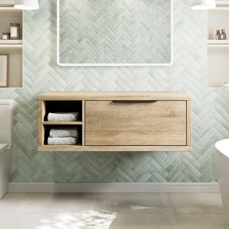1100mm Bathroom Vanity Unit Countertop Wall Hung With Shelves Black Handle Oak Wood No Basin - LH Shelves (1/4)