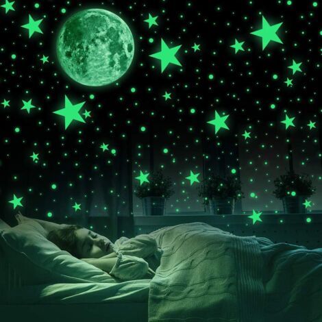 DEESSE SHOP-Stickers lumineux pour chambre d'enfant stickers muraux 435 pcs autocollants spots lumineux et lune stickers muraux 30cm pour ciel étoilé, étoiles brillantes et stickers lumière fluorescen (1/5)