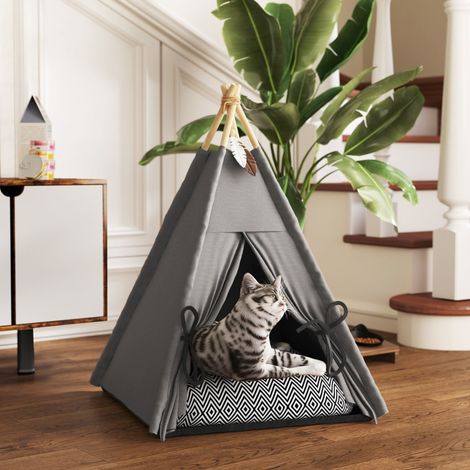 Tente tipi pour animaux de compagnie, couchage pour animaux en forme de tipi, tente pour chat avec coussin, couchage pour chien, couchage pour chat, gris (1/4)