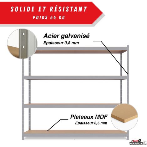 Euro Vanadium – Etagère monobloc métallique 2M x 2,37M – Charge 1400 kg – Plateaux en MDF 6,5 mm – Patins antidérapants pour stabilité