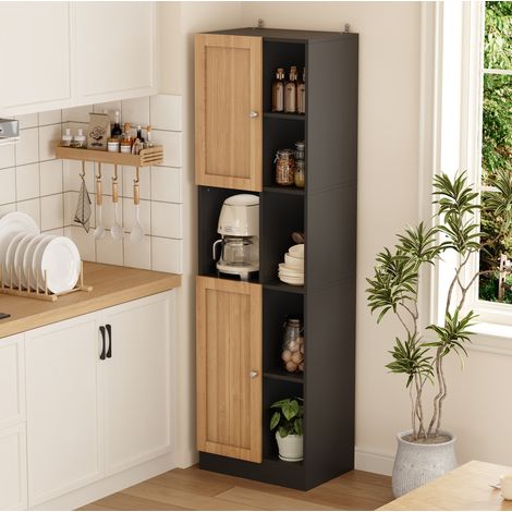 Meuble d’angle 50/35,5/170 cm noir et bois naturel, 6 étagères ouvertes et 2 portes (1/5)
