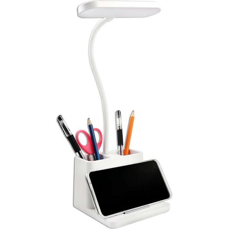 Lampe de bureau LED blanche avec support intégré pour téléphone et stylo, chargement USB tactile LED, convient à une utilisation dans la chambre et au bureau. (1/5)
