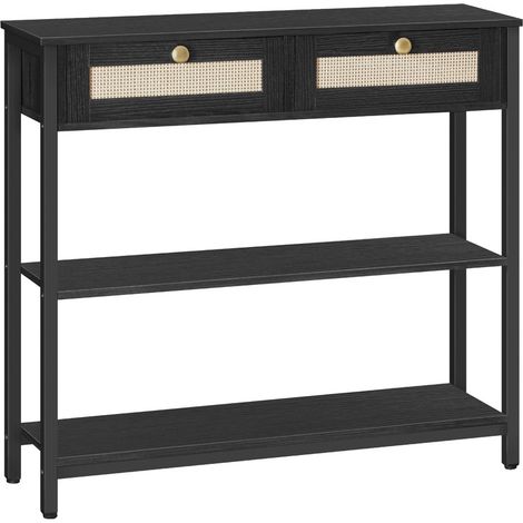 Rattan-Like Black Console Table, 3-Tier Hallway Table with 2 Flip-Down Drawers & Storage Shelves, 80 cm, Featuring Open & Concealed Storage with Rattan Woven Detailing