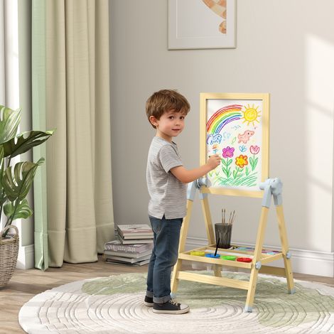 Cavalletto in legno per bambini, lavagna bianca e lavagna nera a doppia faccia, lavagna da terra regolabile in altezza con rotolo di carta, ripiano, naturale