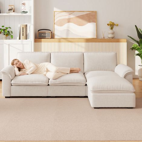 Divano angolare modulare a L 4 posti con ottomana in ciniglia beige (1/5)