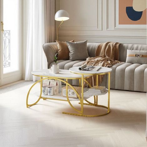 Couchtisch, mit weißer Platte und goldenen Beinen, moderner Couchtisch, Couchtisch Marmor, Set von 2