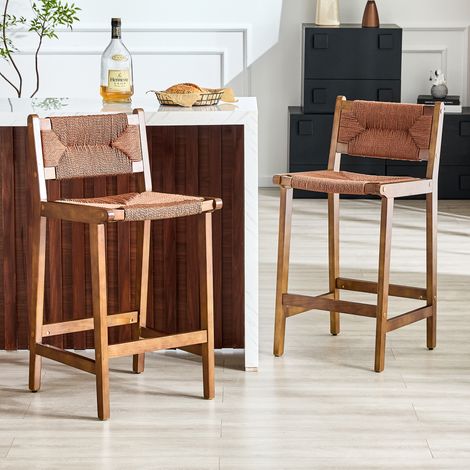 Juego de 2 taburetes de bar con trenzado, madera maciza, cuerda tejida a mano, estilo rústico, isla de cocina (1/5)