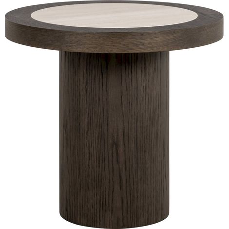 Table dappoint élégante finition chêne et céramique travertin - Chêne foncé et travertin beige (1/4)