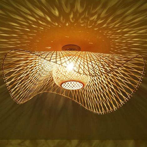 Plafonnier En Rotin De Bambou Naturel Rétro E27 Lampes Vintage Abat-Jour Tissé À La Main Salle À Manger Chambre Salon Plafonnier, 75cm