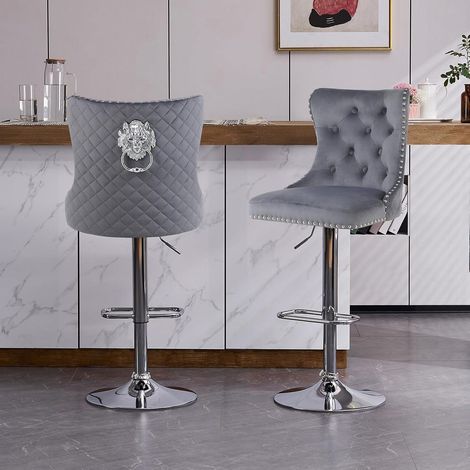 Samt Barhocker 2er Set höhenverstellbar mit Lehne und Löwenring-Griff, Dunkelgrau (1/5)