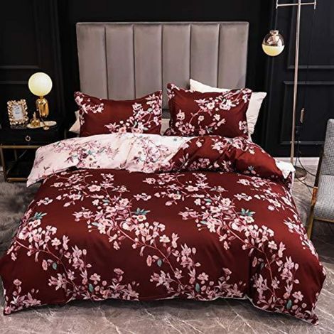 Ensemble de literie 220x240cm King Size motif floral bordeaux housse de couette réversible avec fermeture éclair
