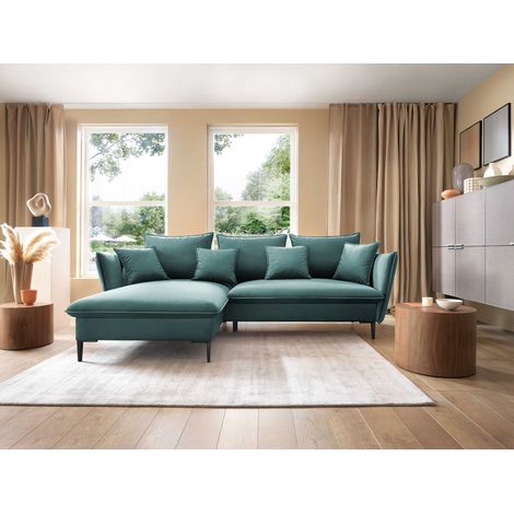 Emporius Canapé d'angle avec coffre Flavio sur pieds 15 cm - velours, gauche, 5 places, turquoise (1/5)