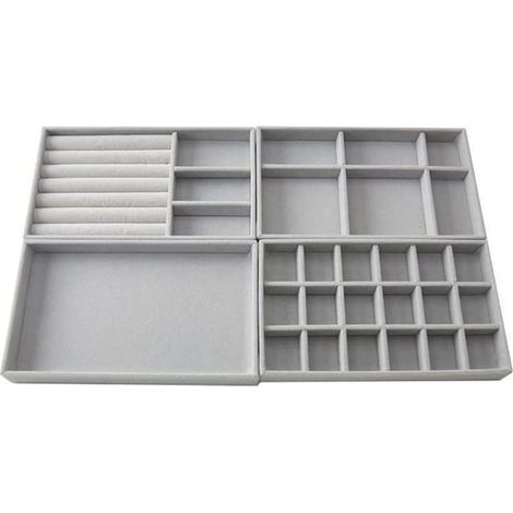 Schmuckaufbewahrungsschublade – Graue Samt-Schmuckschatulle – 4-teilig – 18 Fächer, 6 Fächer, Ringhalter, leere Ablage – 21 x 12 x 2,5 cm (1/5)
