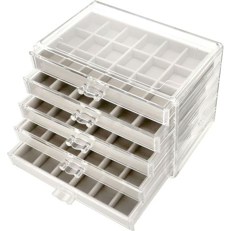 Boîte à bijoux en acrylique, avec 5 tiroirs, organisateur de bijoux, rangement transparent pour bijoux, gris (1/5)
