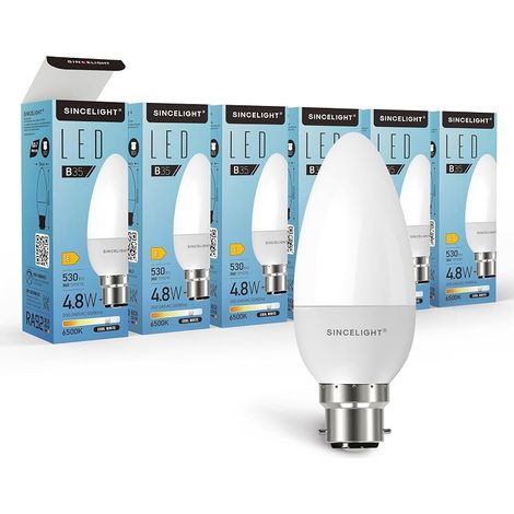 Ampoule LED en forme de bougie B35 et culot B22, IRC (RA≈92), Diffuseur laiteux, 5W, Blanc Froid (6500K), 500lm, Lot de 6 (1/5)