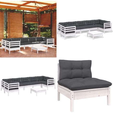 8-tlg. Garten-Lounge-Set mit Kissen Weiß Kiefernholz - Garten Lounge Set - Kiefernholz Möbel - Outdoor Furniture - Loungesessel - Gartengeräte - Home & Living (1/5)