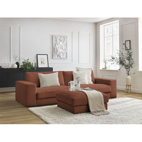 BOBOCHIC - Canapé droit fixe 3 places compact LEONARD velours côtelé avec pouf Orange (1/5)