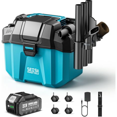 Aspirateur Eau et Poussière Batterie 4000 mAh, Aspirateur Poussiere et Eau 10 L, avec Sangles, 4 Roues et Accessoires, Idéal pour Atelier, Chantier ou Voiture (1/5)