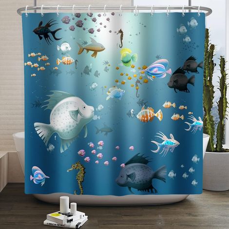 178x183cm Dessin animé Poisson Rideau de Douche Coloré Tropical des Poissons Marin Animal Rideau de Bain Bleu Océan Rideau de Baignoire pour Enfants Salle de Bains Polyester avec Crochets (1/5)