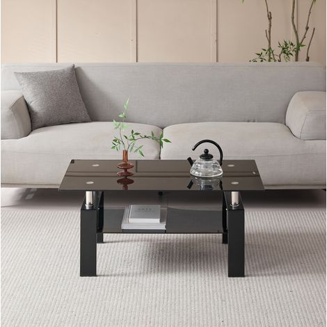 Table basse en verre trempé noir et métal, 2 niveaux, 100 x 60 x 44 cm, design moderne compact et élégant pour salon, appartement ou bureau – de FLORAGRACE (1/5)