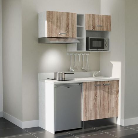 Kitchenette K13L - 140 cm - plan monobloc évier intégré Snova- évier à droite - Façades Bois + Electroménager inclus coloris Inox