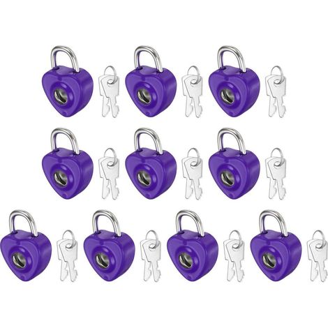 10x Mini cadenas forme cœur avec clé, métal, noir violet