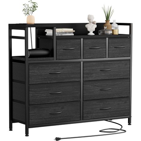 GARVEE - Commode 9 Tiroirs 124 cm GARVEE – Rangement Tissu Aéré avec Prises USB, Meuble Multi-fonction pour Chambre et Salon() (1/5)