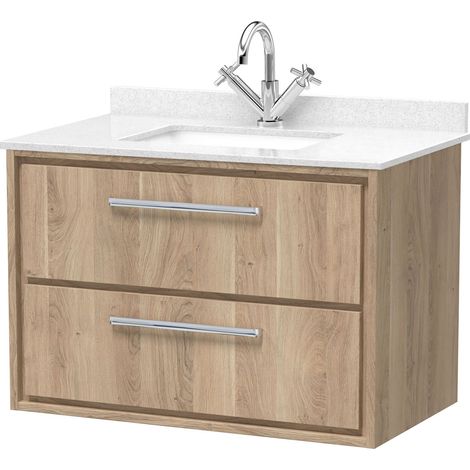 Longnor 2 Drawer Wall Hung Vanity Unit with Square Basin and Marble Worktop, Light Oak, 800mm