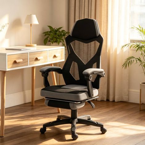 Gaming-Bürostuhl mit hoher Rückenlehne, höhenverstellbar, mit Fußstütze, Schwarz/Grau HAVRYA (1/4)