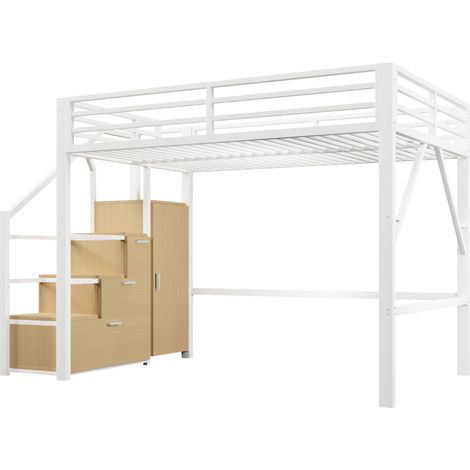 Cama alta de metal 140x200 cm blanca con almacenamiento, armario y LED (1/5)