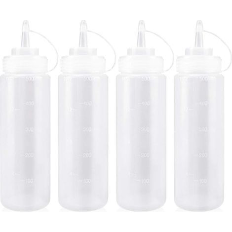 Flacon Sauce Cuisine avec Capuchon 500ml Bouteille à Sauce en Plastique pour Condiments, Assaisonnements, Ketchup, Moutarde, Mayo, Huile dolive, Clair, 16oz, 4PCS (1/4)