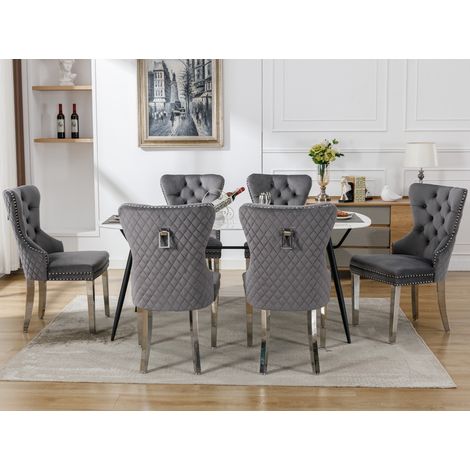 Lot de 6 chaises de salle à manger velours gris,dossier décoré,clouté,pieds métalliques,stables pour intérieur chic moderne. (1/5)