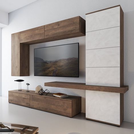 Parete Attrezzata Portula, Mobile Soggiorno Modulabile, 2 Cassetti, 5 Ripiani, Marrone Noce (1/5)