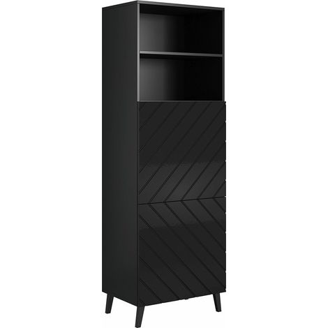 Estantería Charlotte 178, Negro + Negro brillante, Con puertas, MDF, Aglomerado laminado, Número de puertas: 2, Número de cajones: 0, 177x60x40cm