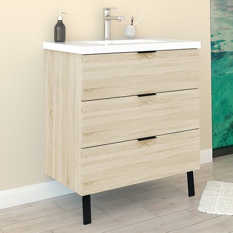 Meuble de Salle de Bain 80cm avec 3 tiroirs + 2 Pieds, Meuble simple vasque, Chêne