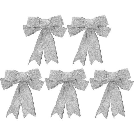 Ornements en ruban de Noël, nœud papillon, décoration pour sapin de Noël, argenté, 25 x 20 x 1,5 cm, lot de 5 (1/2)