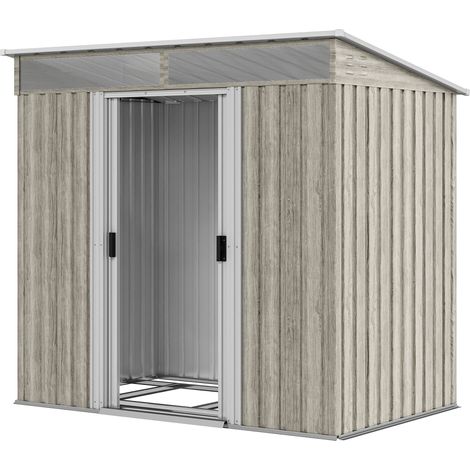 6.5 x 4FT Galvanised Metal Shed Foundation Kit, Lockable Tool Garden Shed Double Sliding Doors, Vents, Light Grey Wood Effect (1/5)