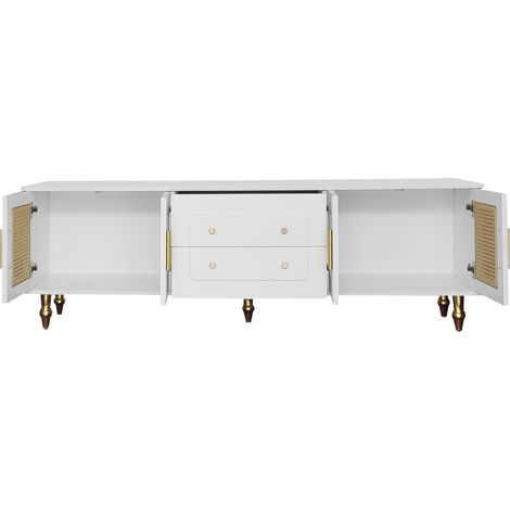 Retro-TV-Möbel weiß mit PVC-Rattan-Türen, goldfarbenen Griffen und Metallfüßen (1/5)