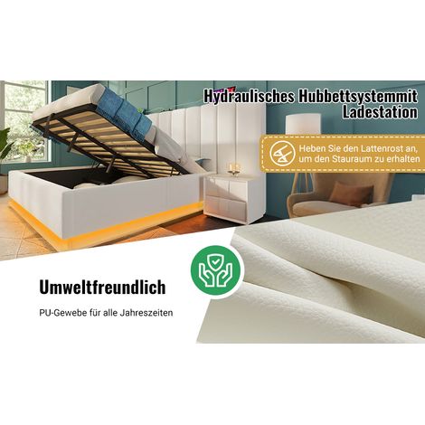 DOKEA Lit double 160 x 200 cm avec coffre, LED pilotable par app et USB-C, sommier à lattes, PU, blanc - sans matelas (1/5)