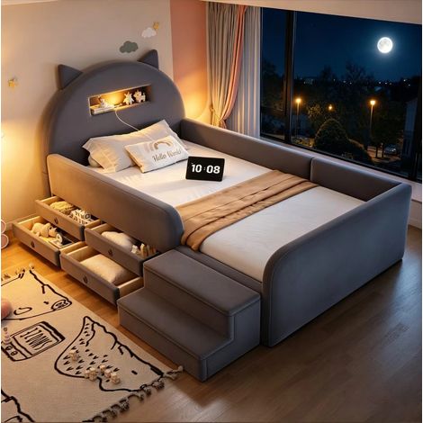Lit enfant 90x200 cm en velours gris foncé, avec rangement pour chambre, sans matelas FloraGrace (1/5)