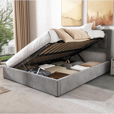 Letto contenitore 140 x 200 cm in velluto con testiera capitonné, grigio HAVRYA (1/5)