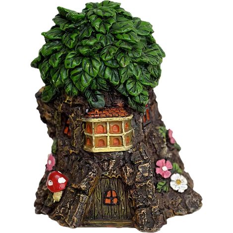 Figurine de maison d ' arbre féerique en résine pour décoration de rebord de fenêtre, accent de maison de table compacte avec détails d ' écorce peints pour affichage d ' étagère et scène, figurine (1/5)