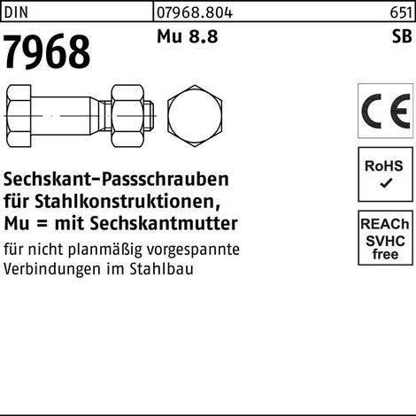 DIN 7968 Sechskant-Passschraube M20x75 Stahl 8.8 blank m. Mutter (1/2)