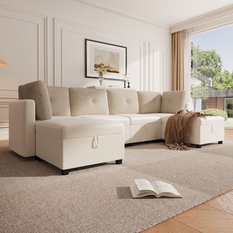 Canapé d'angle en U convertible 6 places – Sofa modulaire multifonction avec rangement intégré, transformable en canapé en L, lit de repos ou fauteuil individuel, velours côtelé contrasté, mousse haut