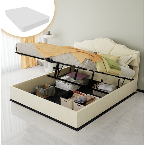 Letto contenitore moderno in tessuto beige 160x200 cm con testiera geometrica, rete a doghe e materasso incluso