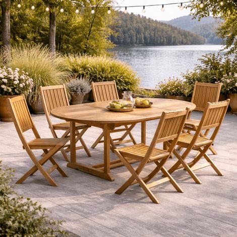 Conjunto de mesa de jardín de teca ovalada Nina 160/210 y 6 sillas Tosca